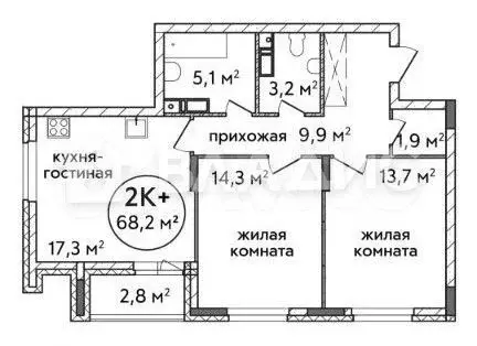 2-к. квартира, 68,2 м, 5/19 эт. - Фото 0