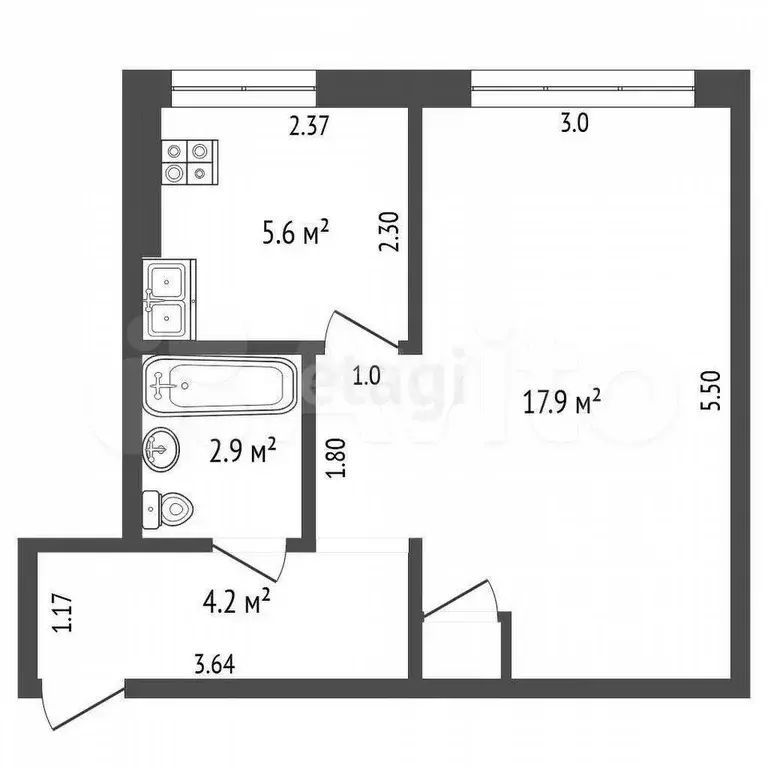 1-к. квартира, 31,1 м, 2/5 эт. - Фото 0