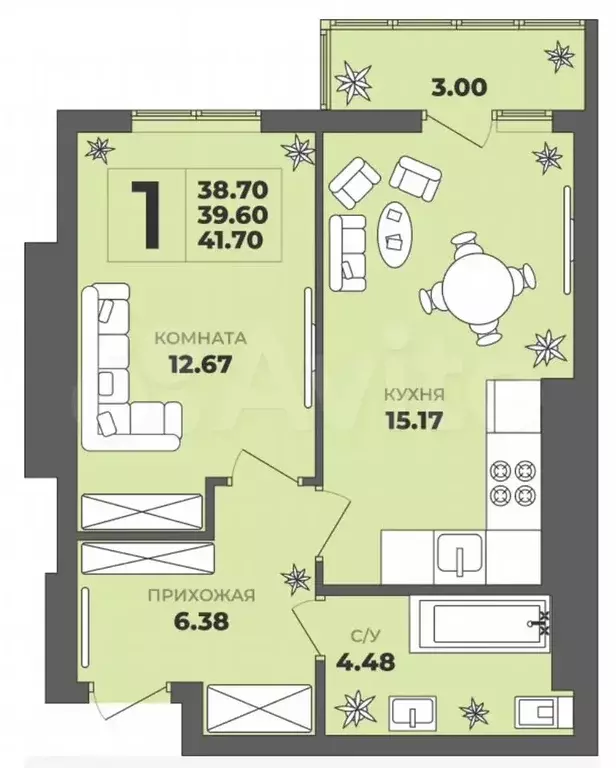 1-к. квартира, 39,6 м, 8/8 эт. - Фото 1