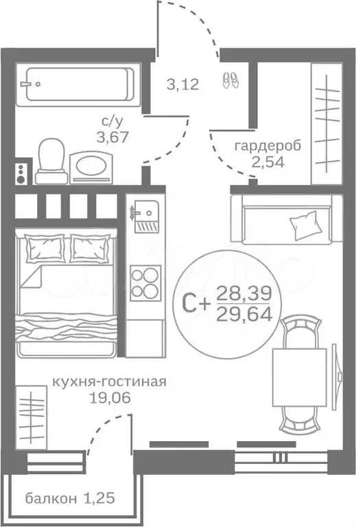 Квартира-студия, 28,4 м, 6/17 эт. - Фото 0