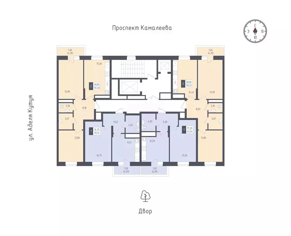 2-к кв. Татарстан, Казань Малевич жилой комплекс (59.48 м) - Фото 2