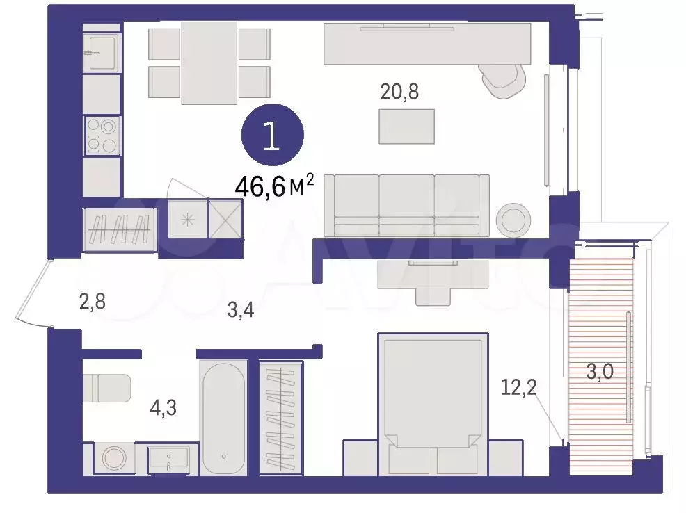 1-к. квартира, 46,6м, 3/7эт. - Фото 1