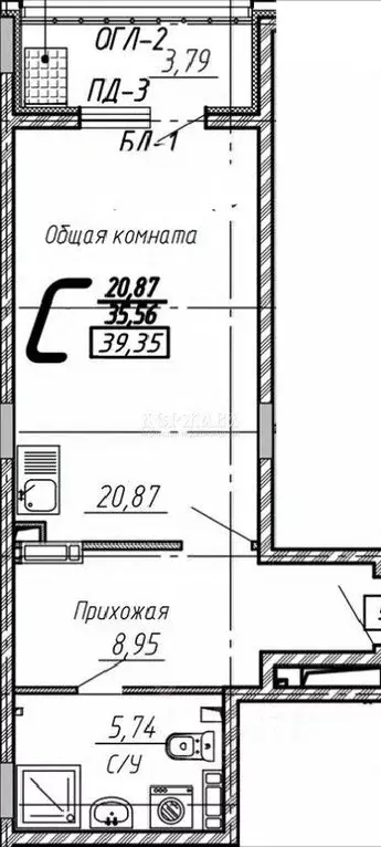 Студия Белгородская область, Старый Оскол Юбилейный мкр, 6 (39.35 м) - Фото 2