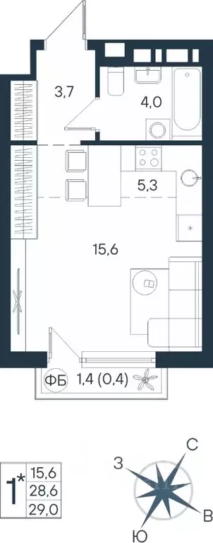 Студия Пермский край, Пермь ул. Космонавта Беляева, 17 (29.0 м) - Фото 1