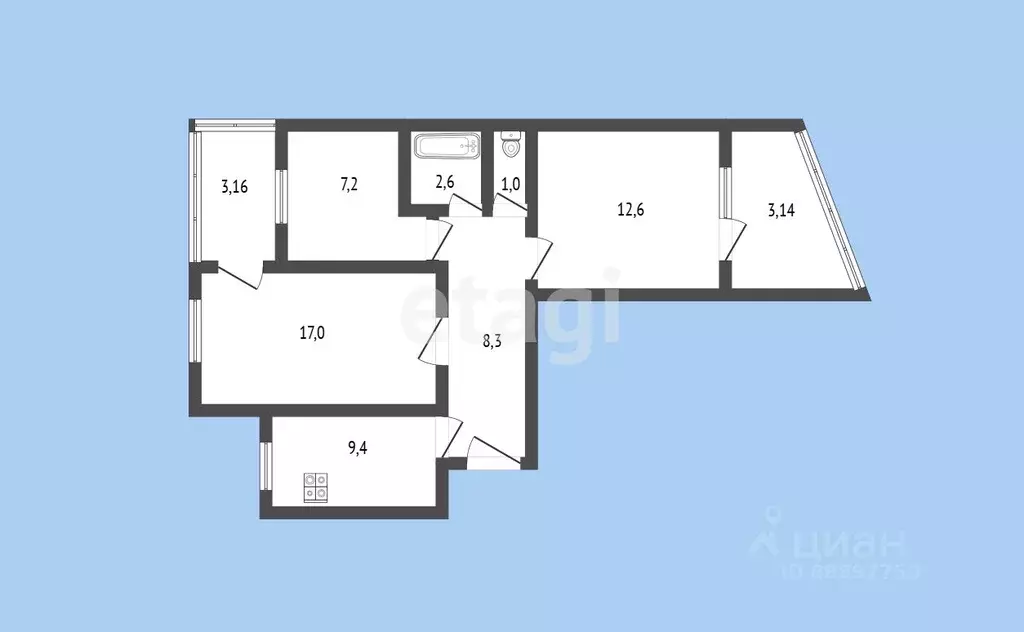 3-к кв. Карачаево-Черкесия, Черкесск ул. Гутякулова, 20 (51.8 м) - Фото 1