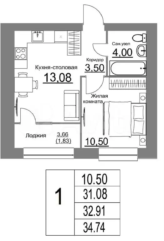 1-к. квартира, 34,7 м, 9/9 эт. - Фото 0