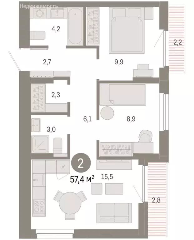 2-комнатная квартира: Новосибирский район, рабочий посёлок Краснообск, ... - Фото 2