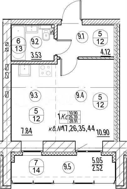 Квартира-студия, 28,9м, 5/9эт. - Фото 1