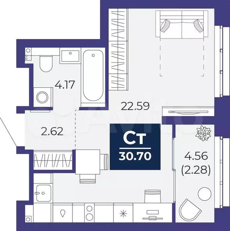 Квартира-студия, 30,7 м, 2/21 эт. - Фото 1