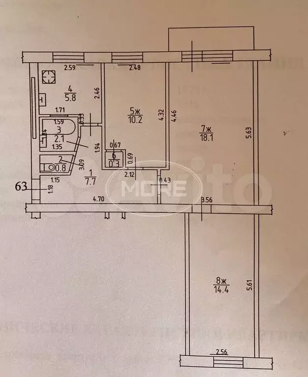 3-к. квартира, 59,4 м, 4/5 эт. - Фото 0