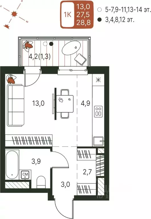 Студия Пермский край, Пермь ул. Серебристая, 1 (28.8 м) - Фото 1