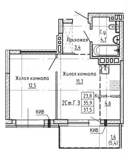 2-к. квартира, 37,6 м, 3/23 эт. - Фото 0