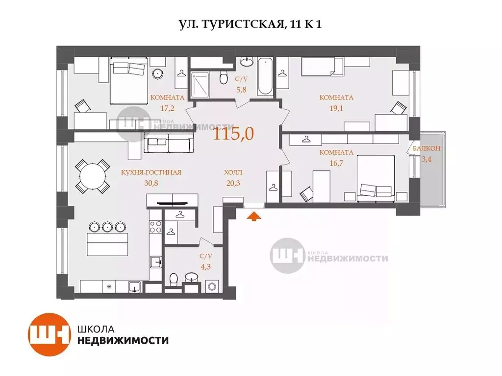 3-к кв. Санкт-Петербург Туристская ул., 11к1 (115.0 м) - Фото 1