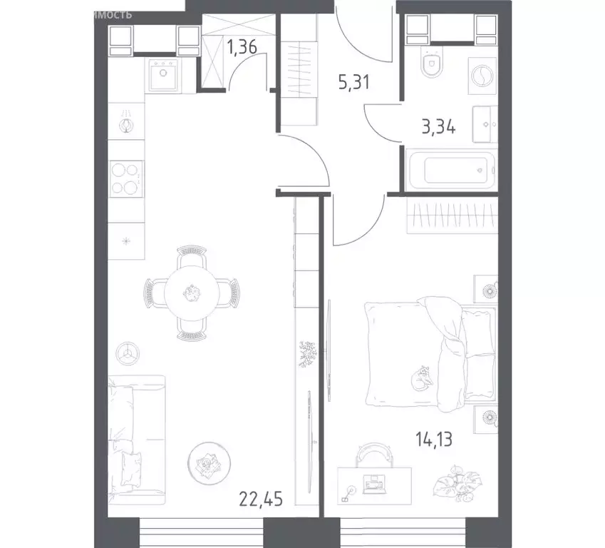 1-комнатная квартира: Москва, Пятницкое шоссе, 56Б (46.59 м) - Фото 1