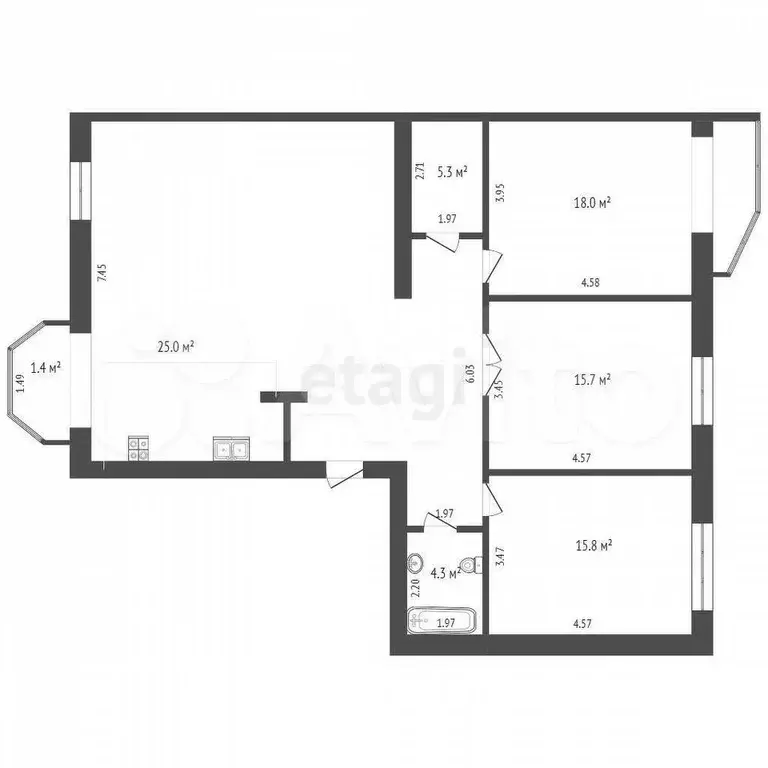 4-к. квартира, 125,1 м, 1/3 эт. - Фото 0