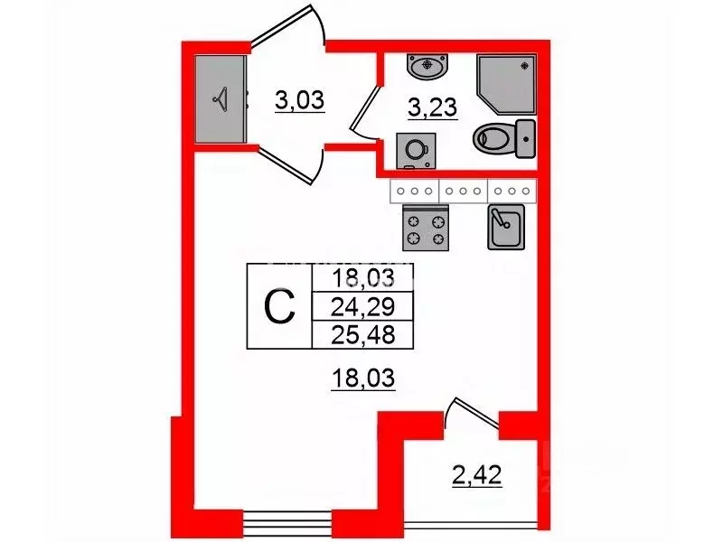 Студия Санкт-Петербург ул. Меридианная, 6к1 (23.6 м) - Фото 1