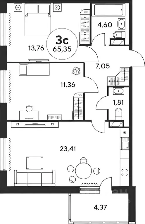 3-к кв. Ростовская область, Ростов-на-Дону просп. Сиверса, 26 (66.0 м) - Фото 2