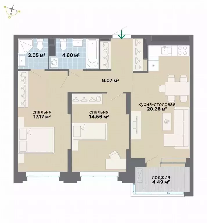 2-к кв. Свердловская область, Екатеринбург ул. Циолковского (73.22 м) - Фото 1
