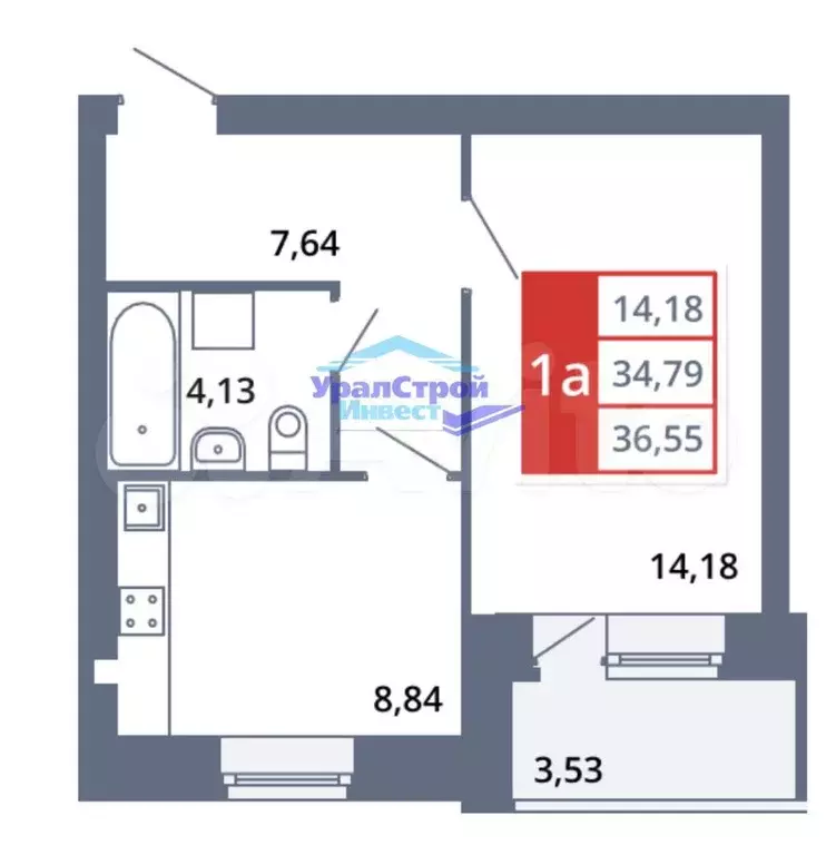 1-к. квартира, 36,6 м, 3/5 эт. - Фото 0