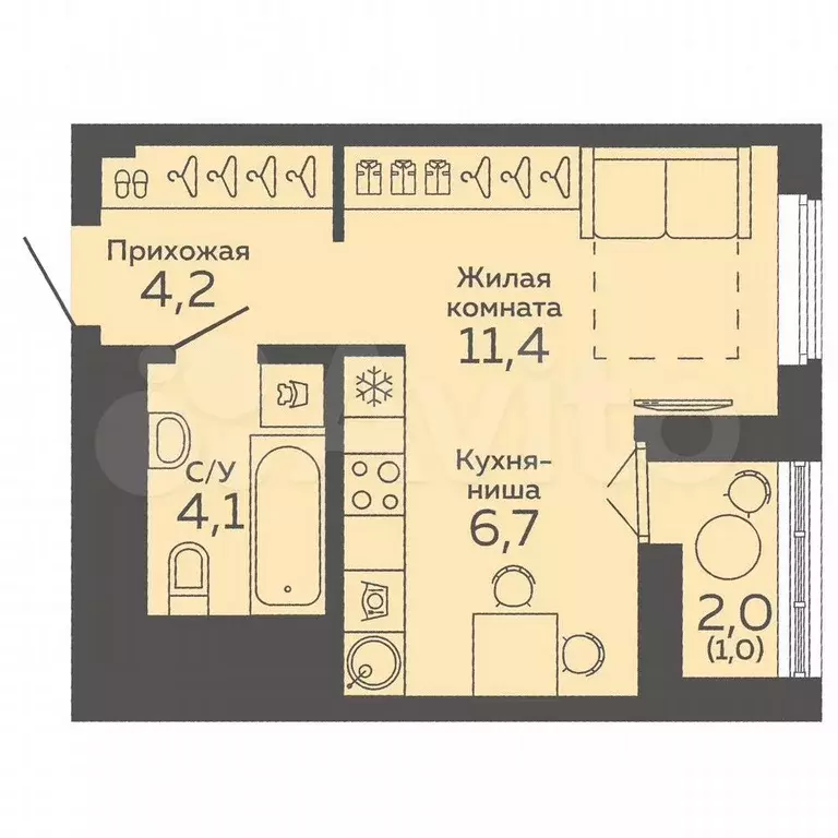 Квартира-студия, 27,4 м, 21/25 эт. - Фото 0