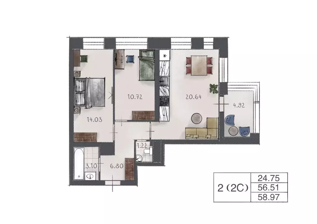 2-к кв. Санкт-Петербург наб. Миклухо-Маклая, 3к1 (58.0 м) - Фото 1