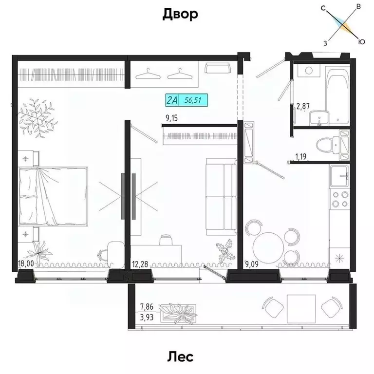 2-к кв. томская область, томск тракт иркутский, 185б (56.51 м) - Фото 0