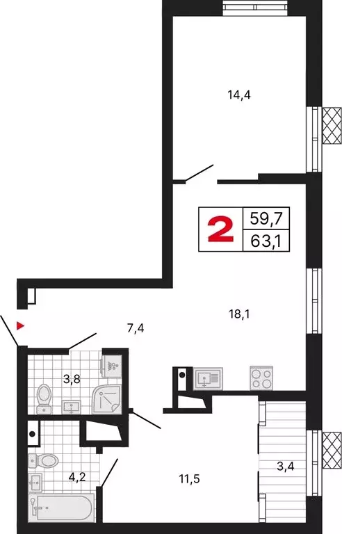 2-комнатная квартира: Екатеринбург, улица Шаумяна, 11 (63.17 м) - Фото 1