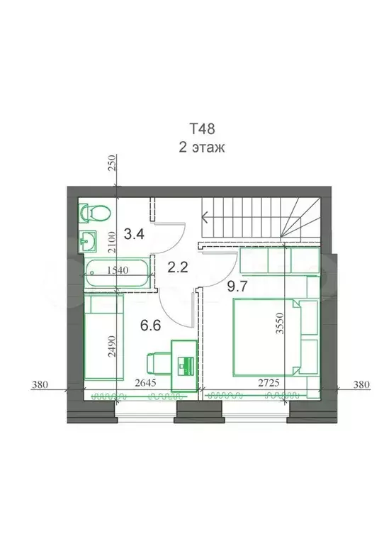 2-к. квартира, 46 м, 2/2 эт. - Фото 1