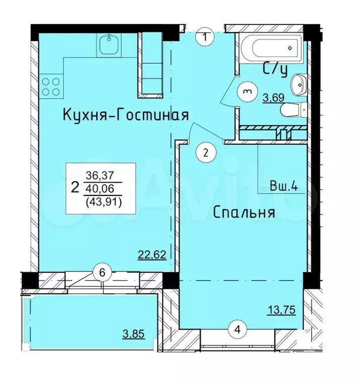 2-к. квартира, 43,9 м, 12/12 эт. - Фото 0