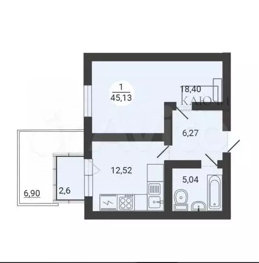 1-к. квартира, 45 м, 1/3 эт. - Фото 0