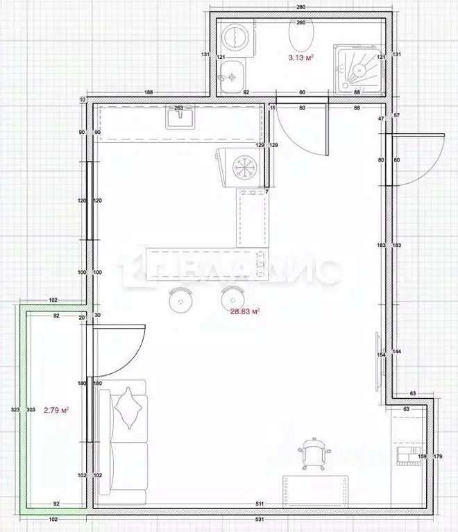Студия Санкт-Петербург Мебельная ул., 19К2 (32.0 м) - Фото 2