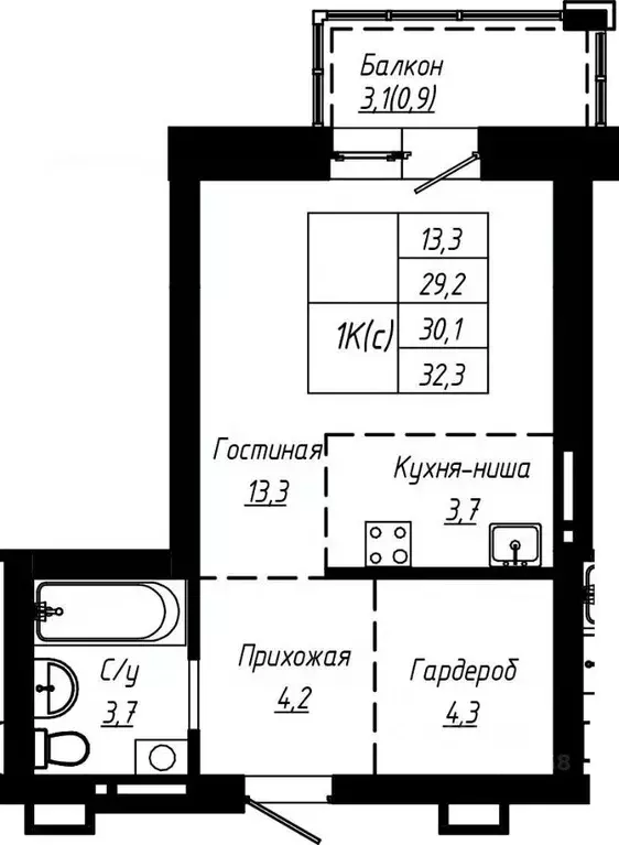 1-к кв. Алтайский край, Барнаул ул. Чернышевского, 189 (30.1 м) - Фото 1