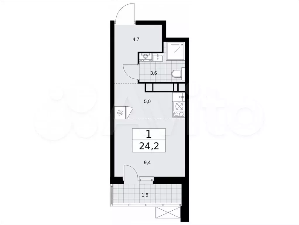 Квартира-студия, 24,2м, 15/18эт. - Фото 1