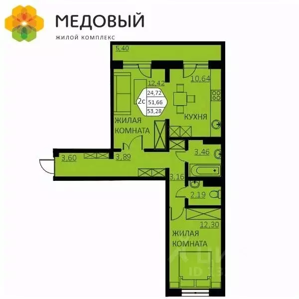 2-к кв. Пермский край, д. Кондратово ул. Г.Н. Нифантова, 4А (53.28 м) - Фото 0