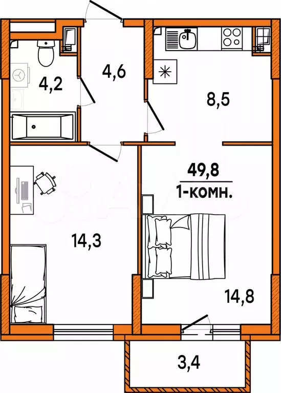 1-к. квартира, 47,4 м, 2/16 эт. - Фото 0