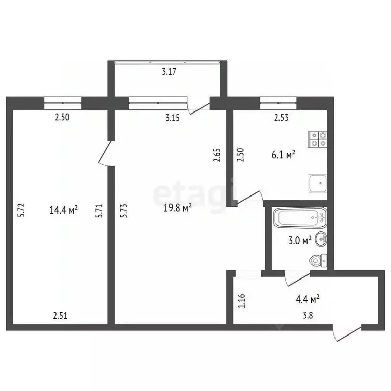 2-к кв. Башкортостан, Стерлитамак ул. Дружбы, 32А (47.5 м) - Фото 0