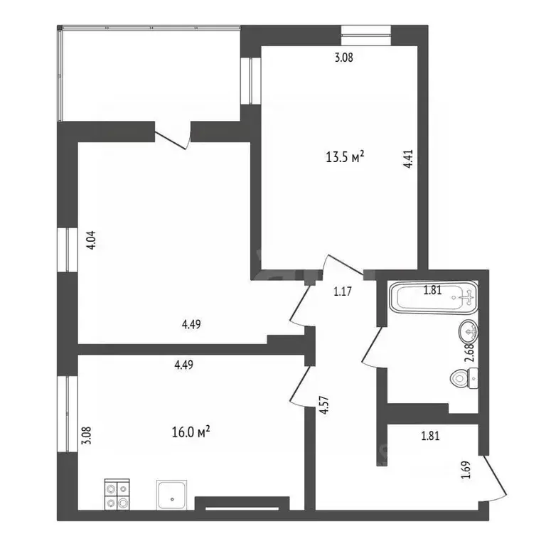 2-к кв. Тюменская область, Тюмень ул. Монтажников, 61 (55.0 м) - Фото 2