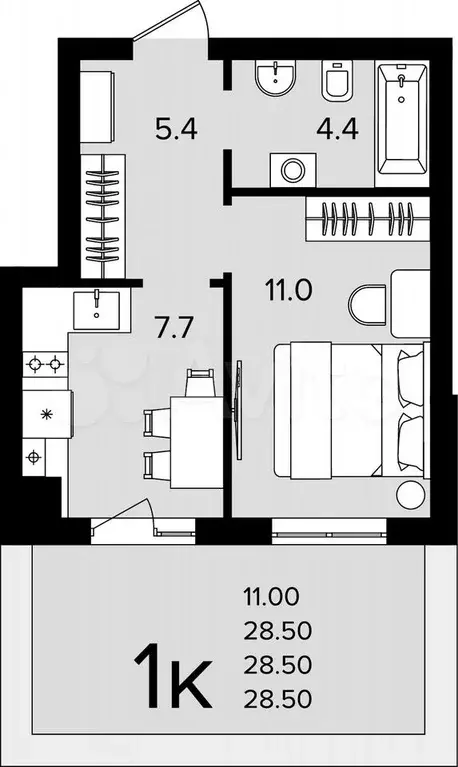 1-к. квартира, 28,5 м, 1/4 эт. - Фото 1