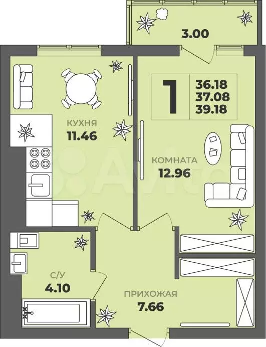 1-к. квартира, 39,1 м, 2/8 эт. - Фото 1
