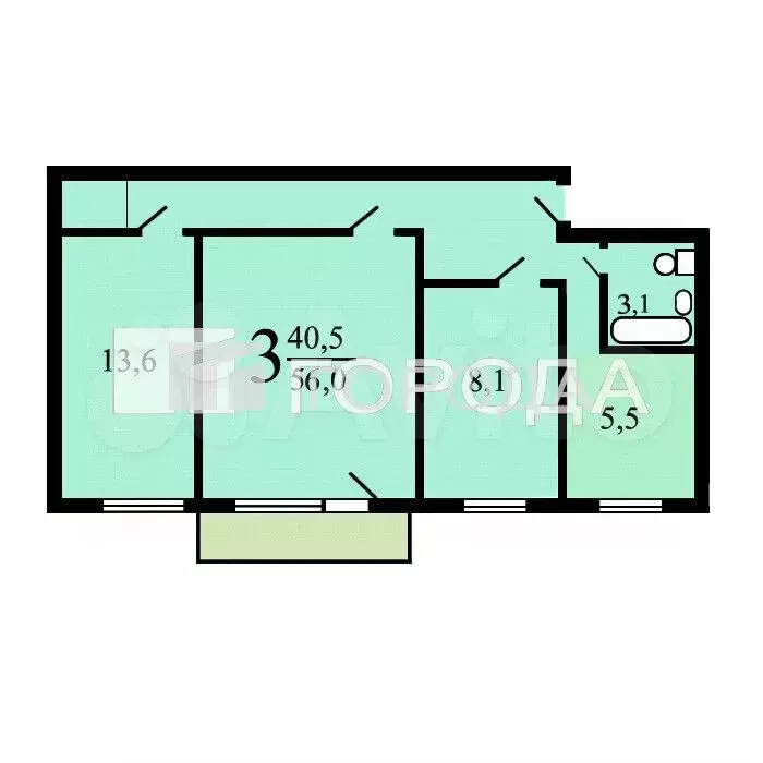 3-к. квартира, 56 м, 3/5 эт. - Фото 0