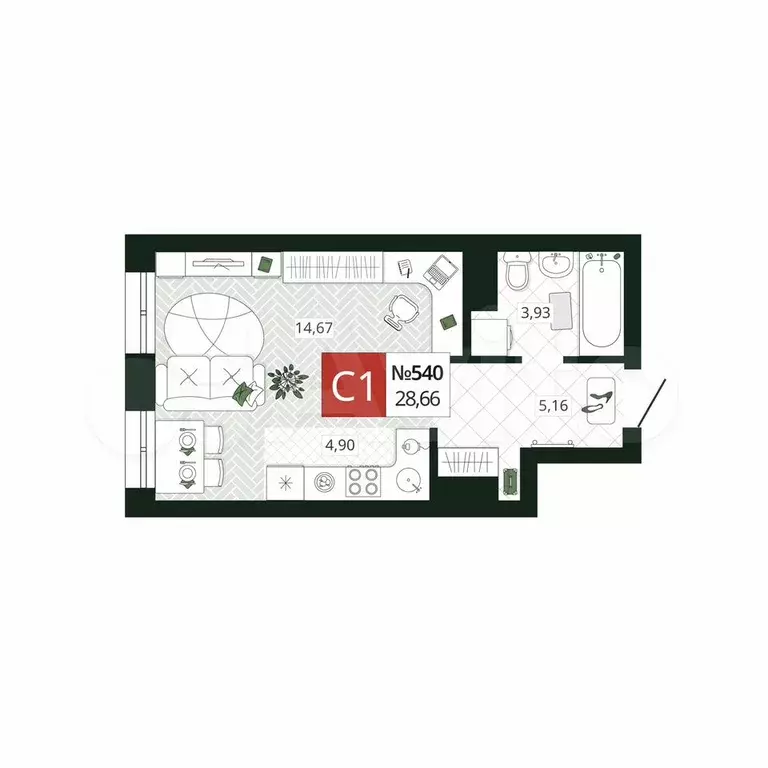 Квартира-студия, 28,7 м, 12/19 эт. - Фото 0