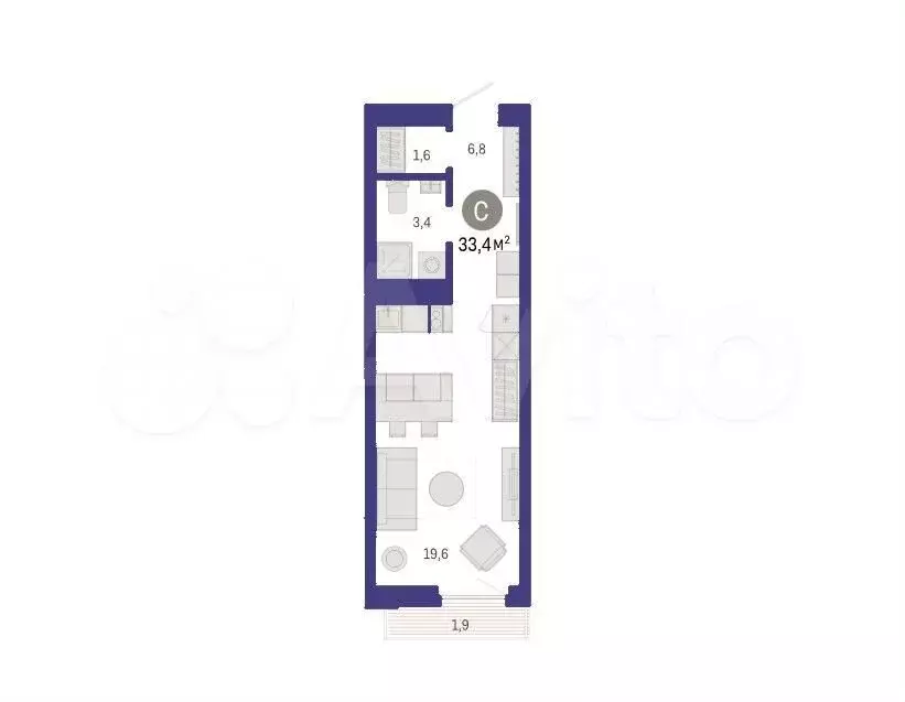 Квартира-студия, 33,4 м, 6/25 эт. - Фото 1