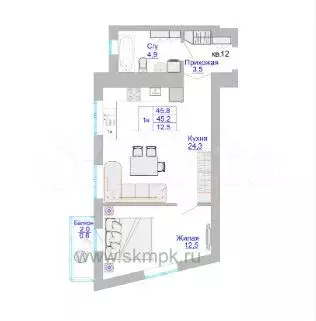 1-к. квартира, 46,2 м, 3/8 эт. - Фото 1