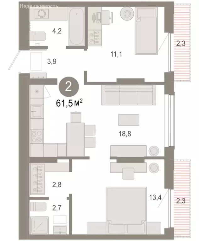 2-комнатная квартира: Тюмень, микрорайон ДОК, ЖК Октябрьский на Туре ... - Фото 2