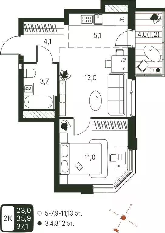 Студия Пермский край, Пермь ул. Серебристая, 1 (37.1 м) - Фото 1