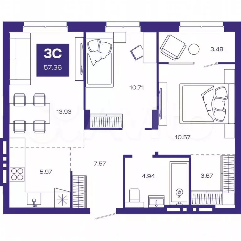 3-к. квартира, 58 м, 7/8 эт. - Фото 0