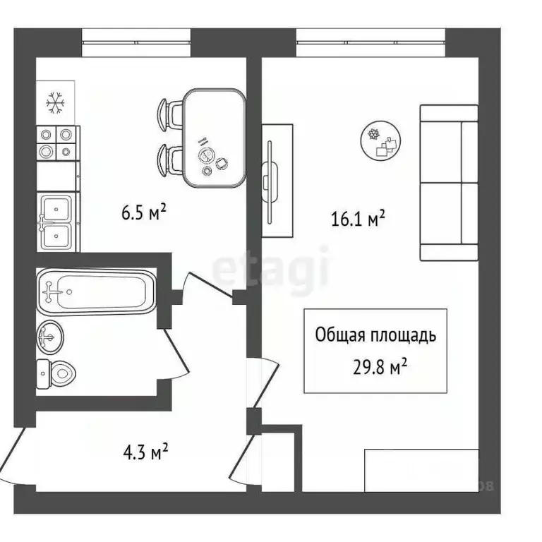 1-к кв. Новосибирская область, Новосибирск ул. Грибоедова, 33 (29.8 м) - Фото 1