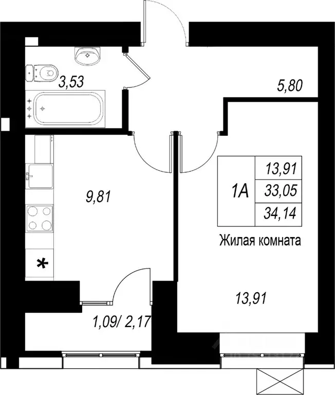 1-к кв. Татарстан, Казань Династия жилой комплекс (34.14 м) - Фото 1