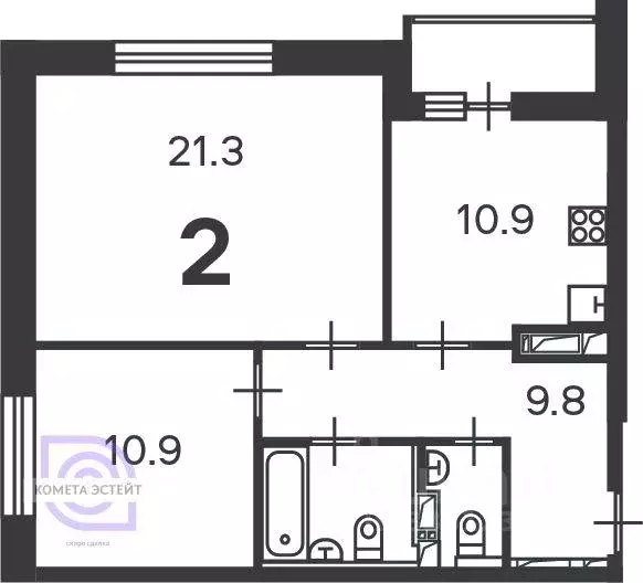 Квартира, 2 комнаты, 59.1 м - Фото 1