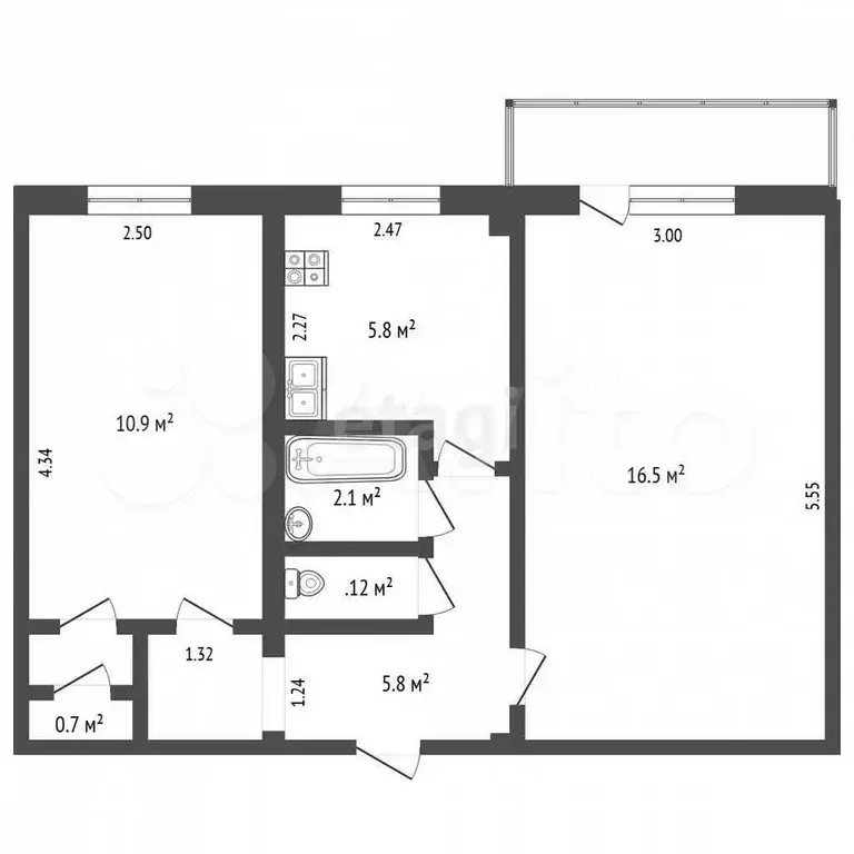 2-к. квартира, 43,4 м, 5/5 эт. - Фото 0